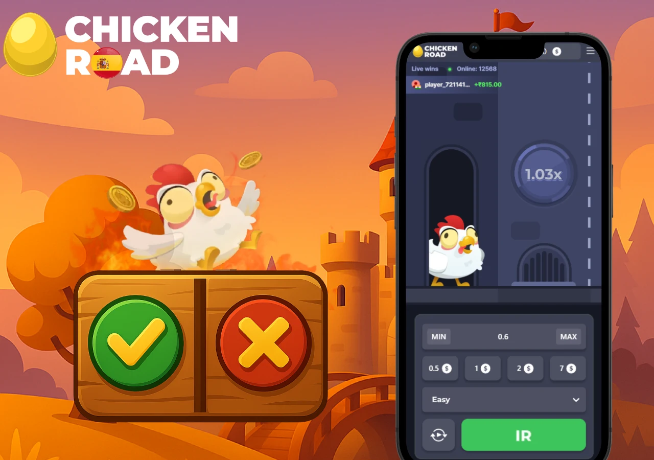 Gallina de Chicken Road saltando frente a móvil con botones de sí y no sobre paisaje animado